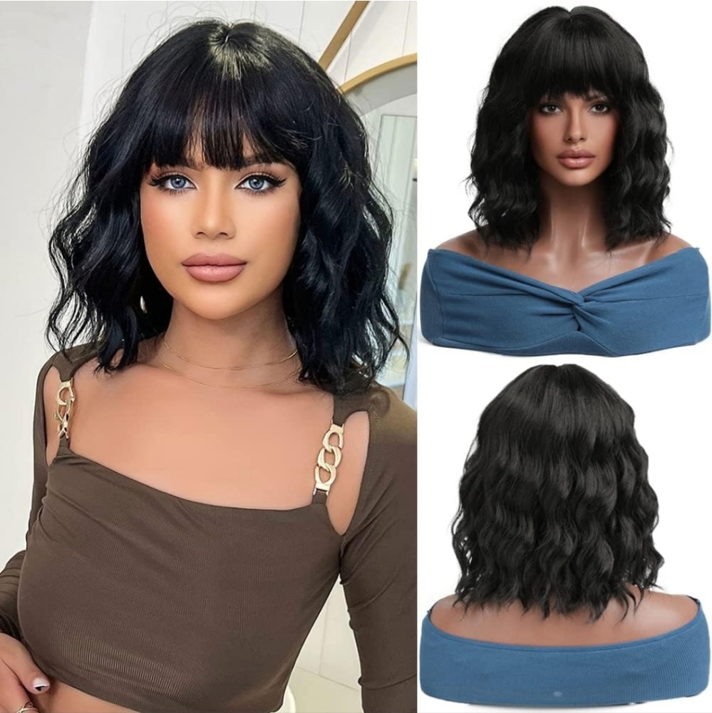 Wavy Bob Wig with Bangs Synthetic Heat Resistant Fiber Wig 13inch